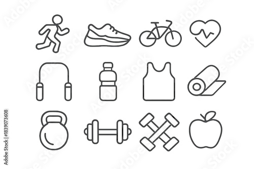 Set of thin line icons representing fitness and healthy lifestyle equipment