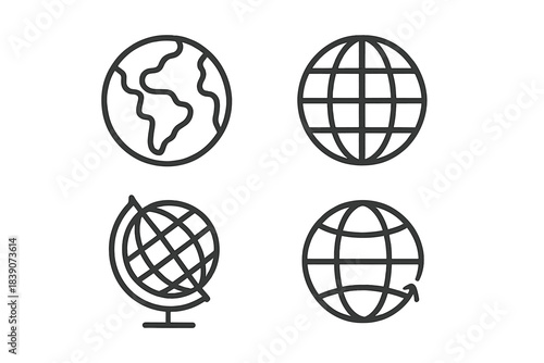 Four outline icons representing globe and world map for navigation and connection