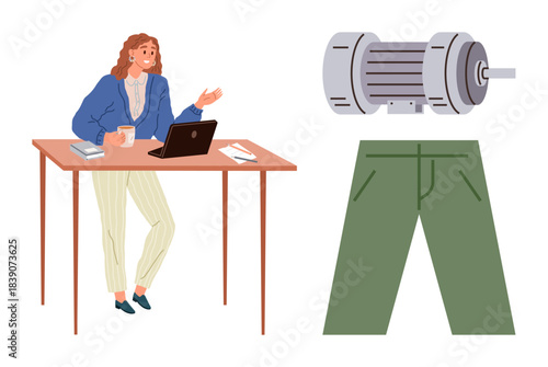 Woman typing on laptop with a coffee, books, and paper on a wooden desk. Motor component and pair of green trousers nearby. Ideal for work-life balance, engineering, fashion, multitasking