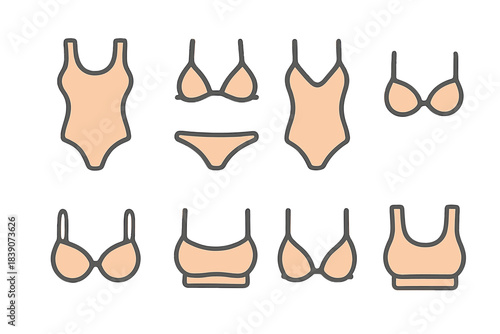 Assortment of swimsuit and underwear shape icons for fashion design