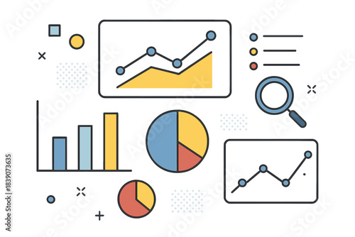 Business data analysis charts and magnifying glass icons set for reports