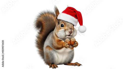 Cute Christmas Squirrel Wearing Red Santa Hat and Holding Hazelnuts, Isolated Illustration isolated PNG with Transparent Background