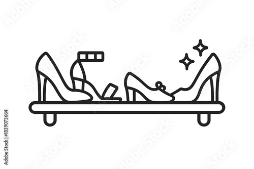 Assortment of high heel shoe outlines arranged neatly on a display shelf