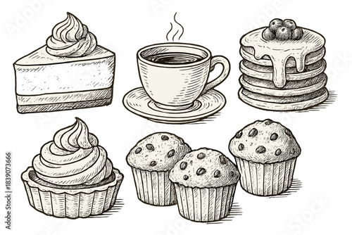 Assortment of breakfast pastries and hot beverage in sketch style