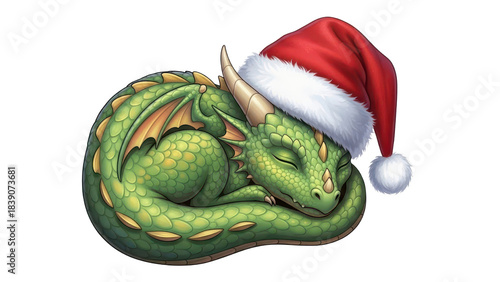 Cute Green Baby Dragon Sleeping Curled Up Wearing Santa Hat Christmas Illustration isolated PNG with Transparent Background
