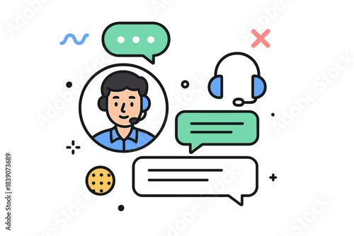 Customer support agent with headset and chat bubbles for online communication concept