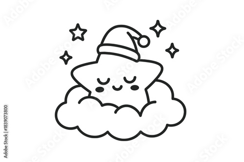 Sleeping star character with nightcap resting on a cloud outline icon