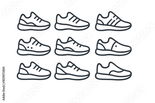 Nine outline icons depicting various styles of athletic running shoes