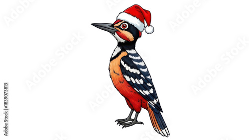 Isolated Cartoon Woodpecker wearing Santa Hat. Christmas Holiday Celebration Illustration. isolated PNG with Transparent Background