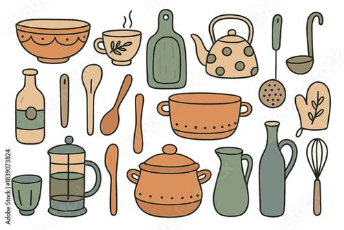 Rustic kitchenware and cooking utensils assortment in warm earthy tones