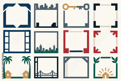Real Estate and Housing Frame Icons with Key, Home, and Property Illustrations