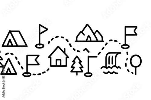 Outdoor adventure icons showing tent cabin mountain waterfall and travel path
