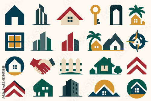Real Estate and Housing Icons with Key and Building Illustrations