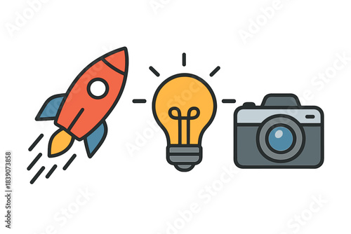 Rocket launch sequence with camera and idea icons