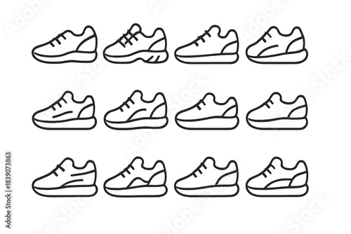 Set of twelve different outline icons for modern athletic running shoes