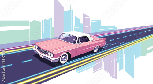 Classic pink car cruising down the road with a white roof vintage style.