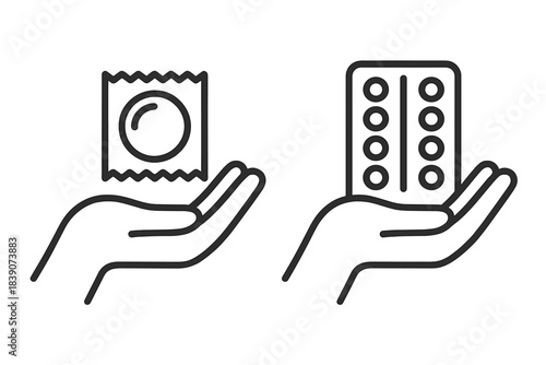 Hand holding condom package and birth control pills blister pack icons