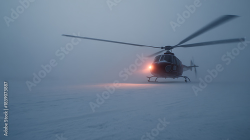 Maroon helicopter lands on a white snowfield, amidst a dense fog, illuminated by its headlight. An atmosphere of mystery and adventure is palpable in the scene.
