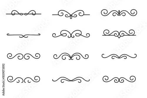 Twelve black hand drawn decorative horizontal dividers and flourishes set