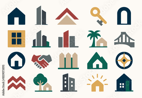 Real Estate and Housing Icons with Key and Building Illustrations