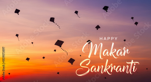 Happy Makar Sankranti Festival Celebration With Kites Flying In Sunset Sky.