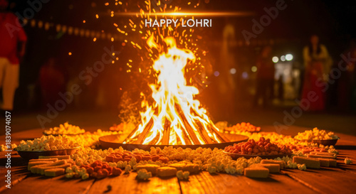 Lohri Festival Bonfire Celebration with Traditional Offerings and Greetings.