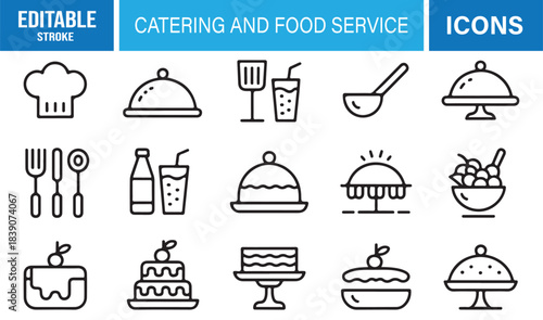 Modern Outline Catering Icon Pack Showing Restaurant Trays, Food Platters, Ladles, Drinks, Bowls, and Dining Elements