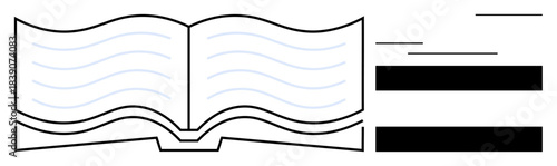 Open book with wavy lines representing text and bold black censor bars. Ideal for education, knowledge, censorship, creativity, freedom of speech, research, book publishing. Simple flat metaphor