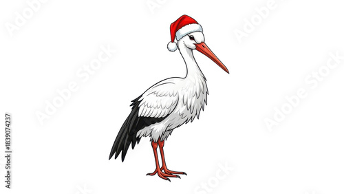 Isolated White Stork Illustration Wearing Red Santa Hat for Christmas Holiday Design isolated PNG with Transparent Background