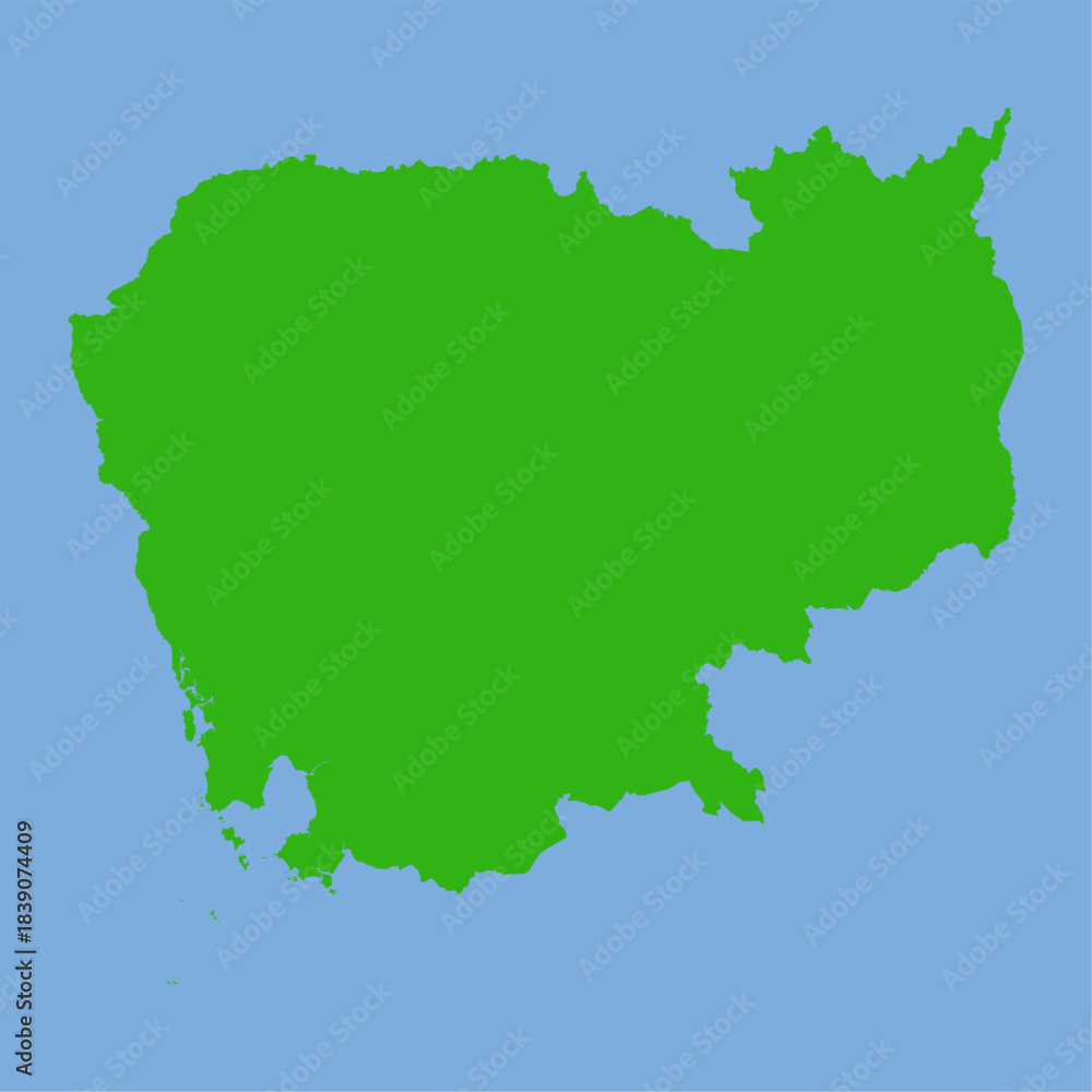 Fototapeta premium Green silhouette map of Cambodia in a simple flat vector style showing its Mekong-region shape and regional outlines.