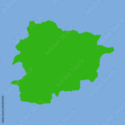 Green silhouette map of Andorra in a simple flat vector style showing its small Pyrenees mountain-region shape.
