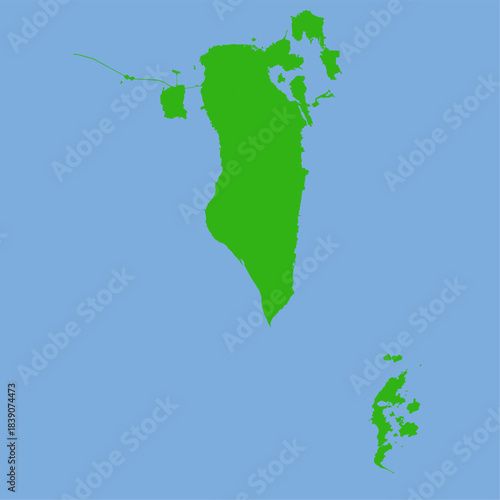 Green silhouette map of Bahrain in flat vector style showing its grouped island shape and region outlines on a light background