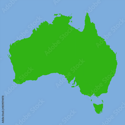 Green silhouette map of Australia in a simple flat vector style showing its continental shape and region outlines on a light background