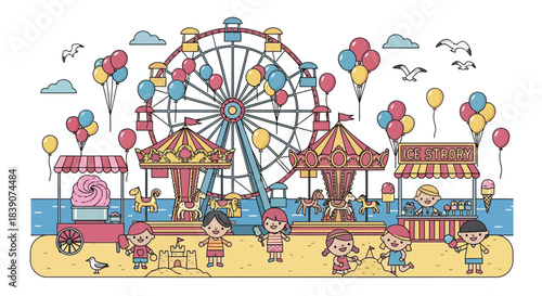 Colorful amusement park scene with Ferris wheel and happy children enjoying the day.