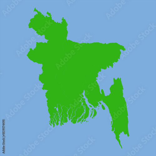 Green silhouette map of Bangladesh in flat vector style showing its delta shape and region boundaries on a light background