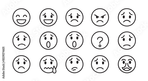 Collection of six various facial expressions in a minimalist black outline style