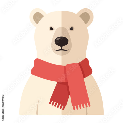 Illustration of a polar bear wearing a red scarf, winter animal portrait