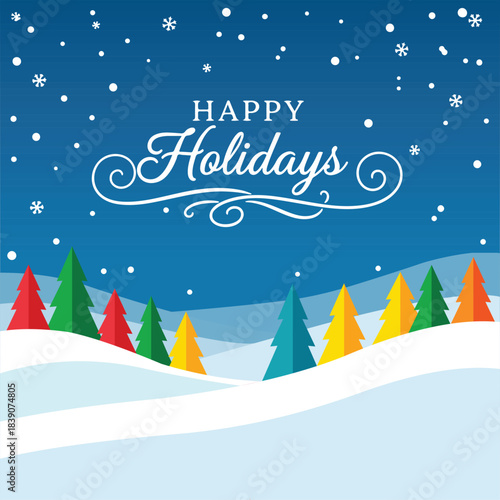Happy holidays winter scene with colorful trees and snowflakes: A cheerful, vibrant illustration capturing the essence of the holiday season with colorful Christmas trees, snow-covered hills