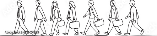Line art depiction of diverse business people walking in a row