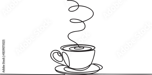 Single line drawing of steaming hot coffee cup with swirling steam