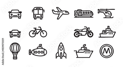 Collection of various transportation icons representing different travel options