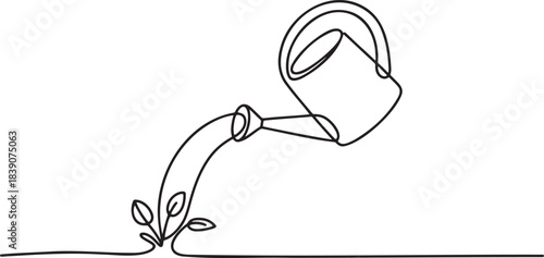 Single line drawing of watering can nourishing a small growing plant sprout