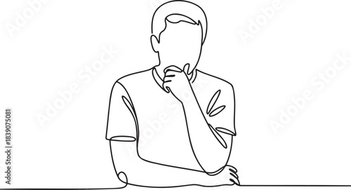 Thoughtful man in t shirt with hand near chin in continuous line style