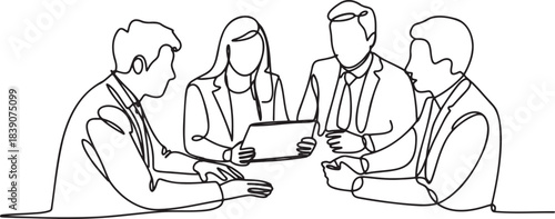 Team meeting discussion with tablet in continuous line art style
