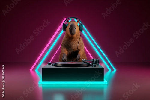 Funny 3d illustration of a capybara DJ wearing black headphones standing behind a turntable with pink and blue neon light triangles for music and party concepts