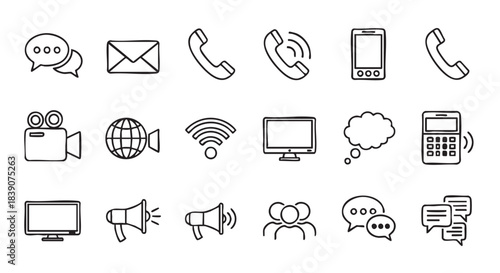 Communication and Multimedia Icons Set in Black and White Doodle Style