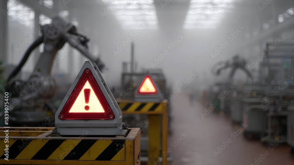 Fototapeta premium A glowing warning sign alerts in a foggy industrial factory with robotic arms in the background
