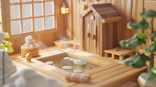 Fototapeta Naklejka Na Ścianę i Meble -  3d isometric low-poly clay sauna room wooden