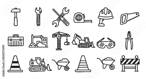 Construction and building tools icons in black and white vector set