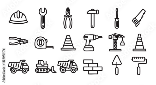 Construction and industrial equipment black and white icon set illustration
